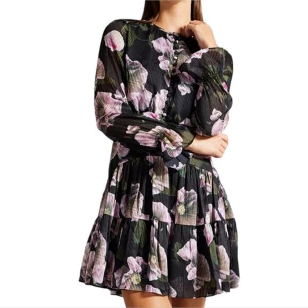 Ted Baker Yassley Long Sleeve Floral Print Tiered Mini Dress Size 4 US Med New!